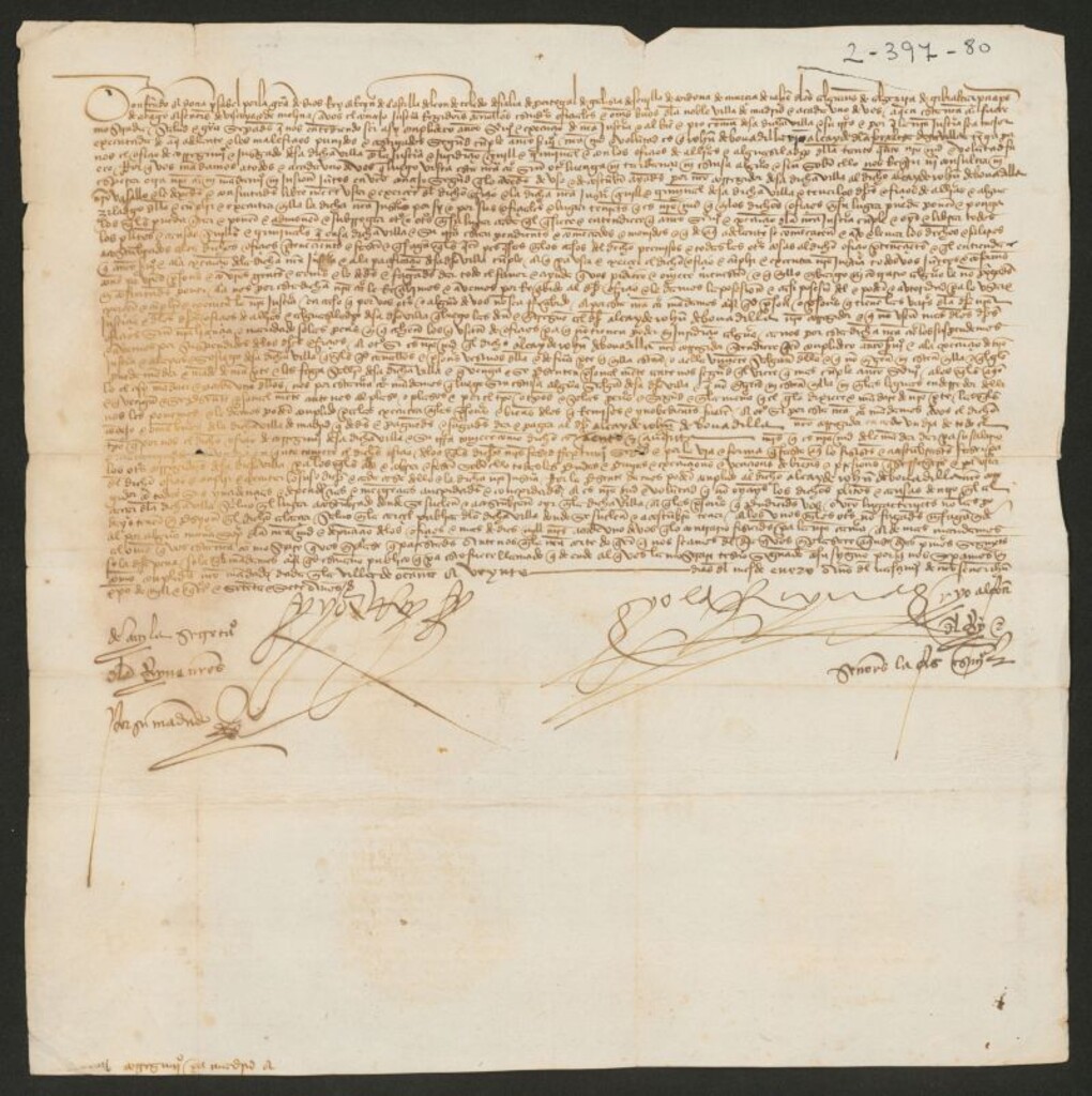 Miniatura de Provisión de los Reyes Católicos comunicando al Concejo de Madrid el nombramiento como corregidor de Johan de Bovadilla, alcaide en el Alcázar