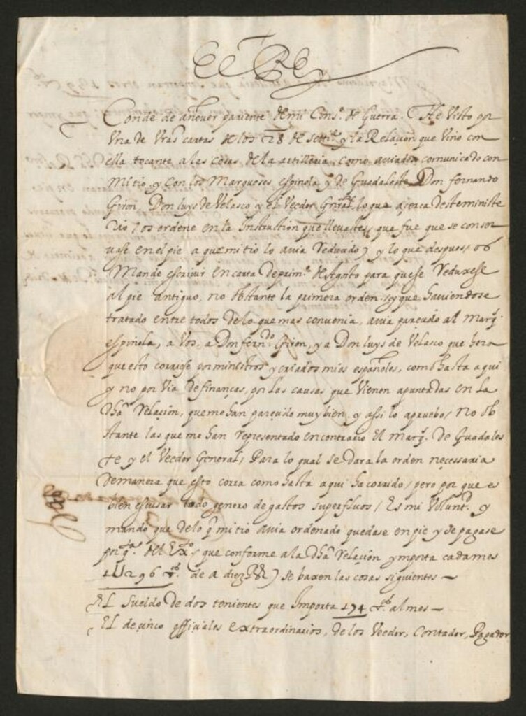 Miniatura de Real cédula de Felipe III al Conde de Añover sobre los sueldos que han de tener los miembros del cuerpo de Artillería en el ejército de Flandes con motivo de la reformación