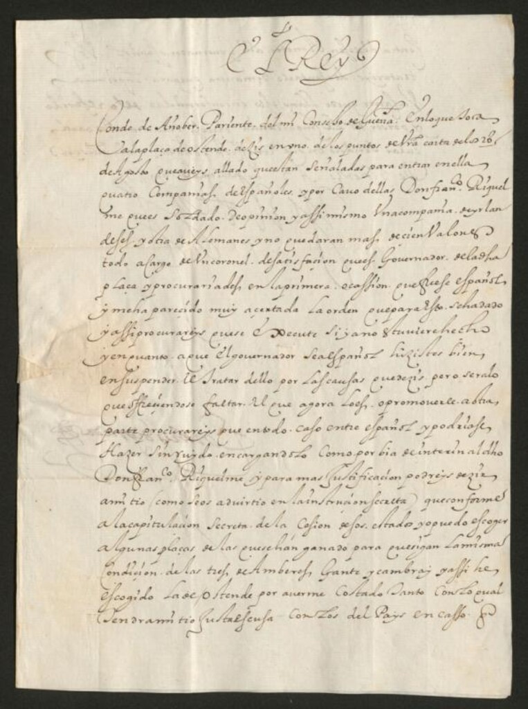 Miniatura de Real cédula de Felipe III al Conde de Añover sobre la necesidad de nombrar, en ocasión oportuna, a un español como gobernador de la plaza de Ostende, de conformidad con lo propuesto en su carta de 28 de agosto