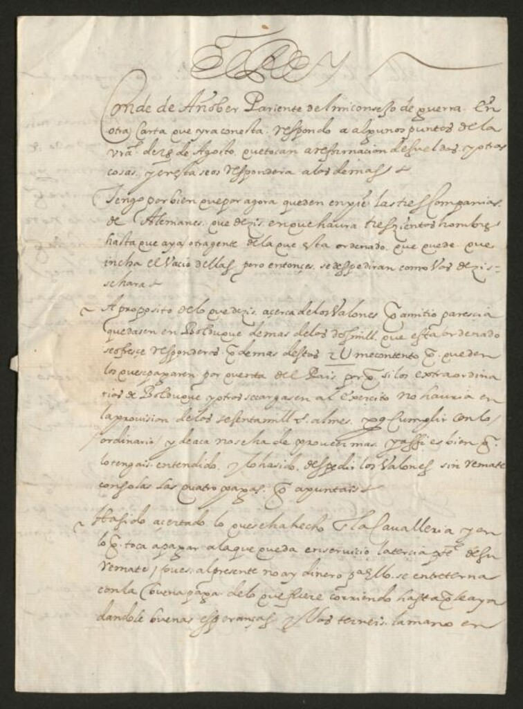 Miniatura de Real cédula de Felipe III al Conde de Añover sobre sueldos, licenciamientos y otras cuestiones referentes a la reforma del ejército de Flandes