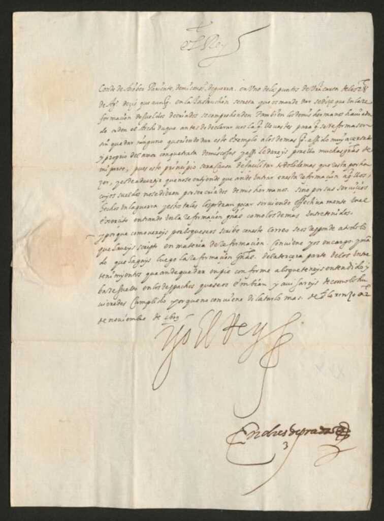 Miniatura de Real cédula de Felipe III al Conde de Añover manifestando la satisfacción con que ha visto el ejemplo dado por el Archiduque Alberto en la reformación de los sueldos de sus criados
