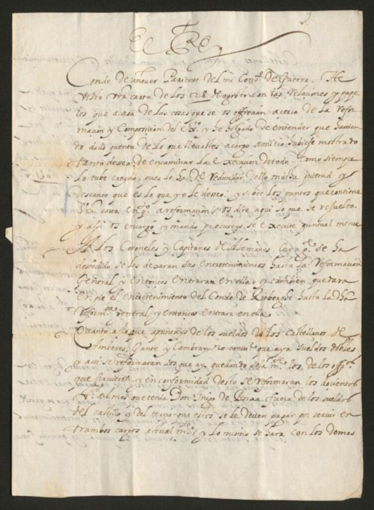 Miniatura de Real cédula, o instrucción, de Felipe III al Conde de Añover sobre los sueldos que gozan los coroneles y capitanes de gente alemana, sueldos dobles de los castellanos, pagos a los soldados impedidos, y otras cuestiones referentes a la reforma del ejército de Flandes
