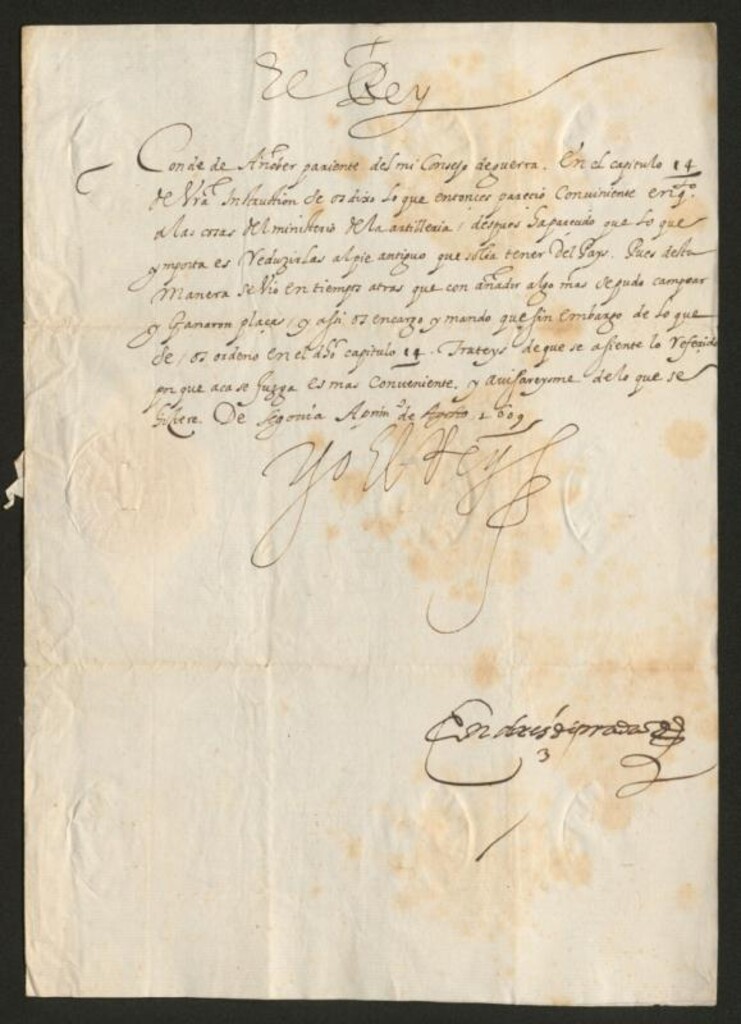 Miniatura de Real cédula de Felipe III al Conde de Añover corrigiendo la instrucción dada anteriormente y ordenándole que reduzca la artillería al pie antiguo del pais
