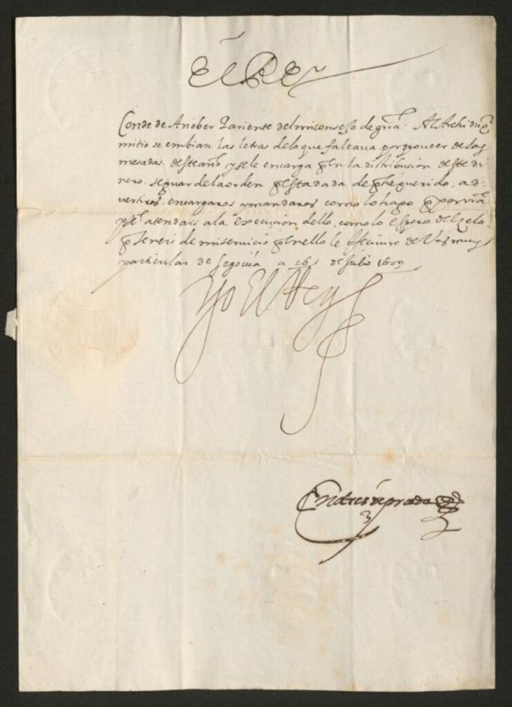 Miniatura de Real cédula de Felipe III al Conde de Añover participándole haber enviado al Archiduque Alberto lo que faltaba por proveer de las mesadas de ese año