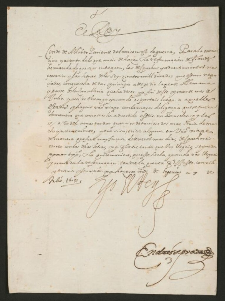 Miniatura de Real cédula de Felipe III al Conde de Añover dándole instrucciones sobre el pago y licenciamiento de los solados alemanes del ejército de Flandes