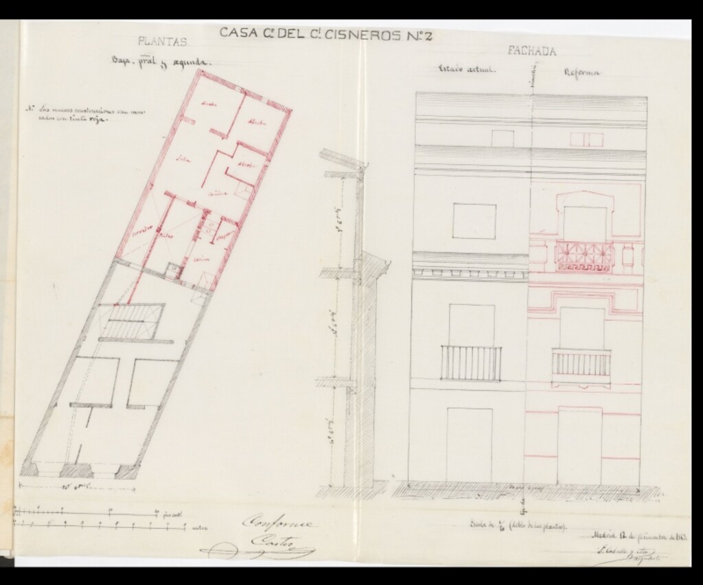 Miniatura de D. Casiano García, en solicitud de licencia para subir la fachada hasta piso 2º de la casa de su propiedad, calle del Cardenal Cisneros, nº 2.