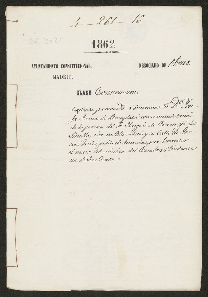 Miniatura de Dª Josefa Bauza de Bonaplaza, como arrendataria de la posesión del Sr. Marqués de Benameji de Sistallo, sita en Chamberí, y su calle de García de Paredes, pidiendo licencia para levantar el muro del cobertizo del corralón, lindante con dicha casa.
