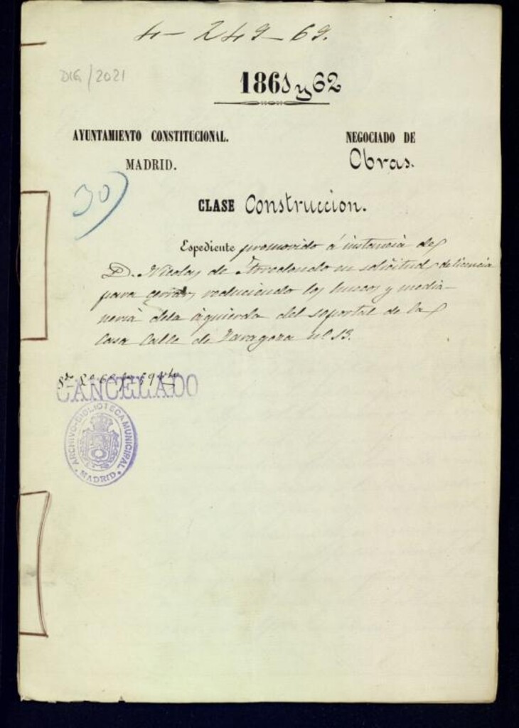 Miniatura de D. Nicolás de  Arredondo, en solicitud de licencia para cerrar reduciendo los huecos y medianería de la izquierda del soportal de la casa calle de Zaragoza nº 13.