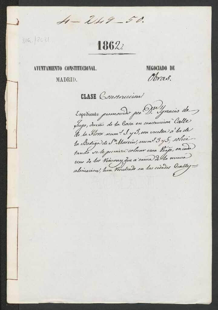 Miniatura de D. Ignacio de Lugo, dueño de la casa en construcción calle de la flora nºs 1 y 3, con vuelta a la de la Bodega de S. Martín, nº 3 y 5; solicitando se le permita colocar una verja, en cada uno de los rincones, que a causa de la nueva alineación, han resultado en las citadas calle.