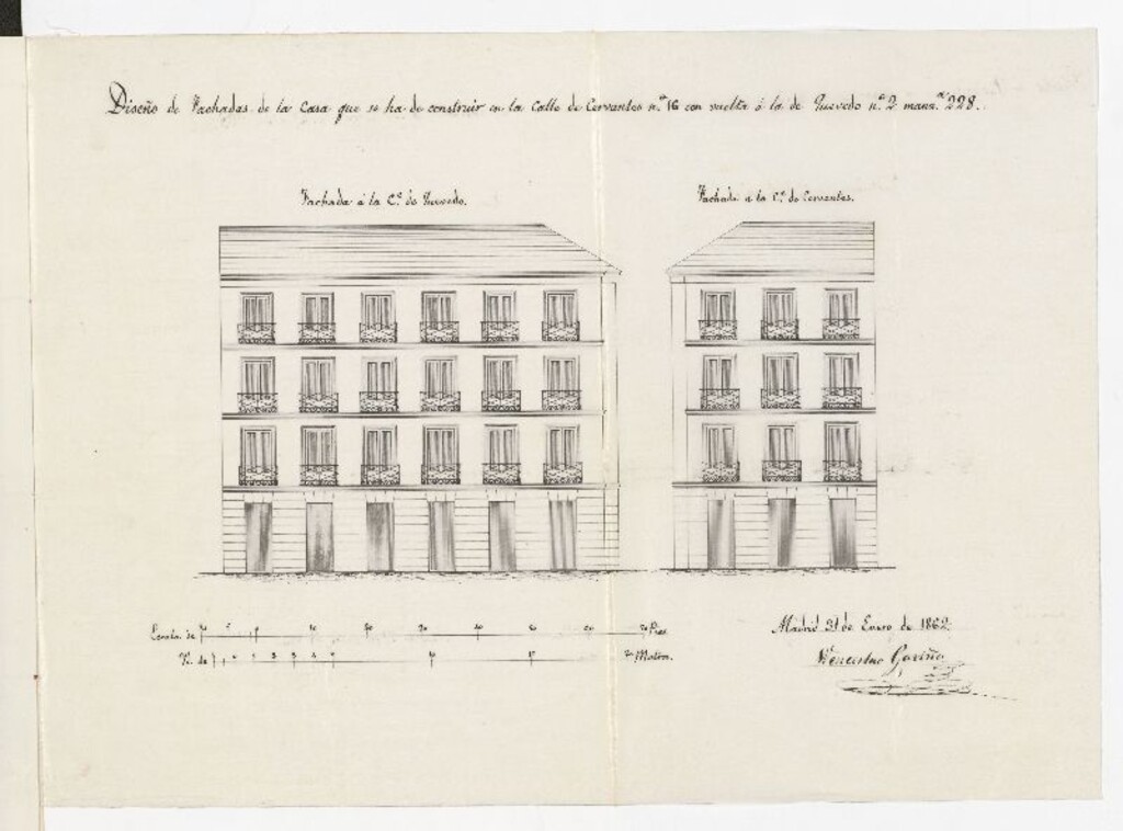 Miniatura de D. Francisco José García, en solicitud de licencia para construir de nueva planta la casa calle de Quevedo nº 2, con vuelta a la de Cervantes nº 16.