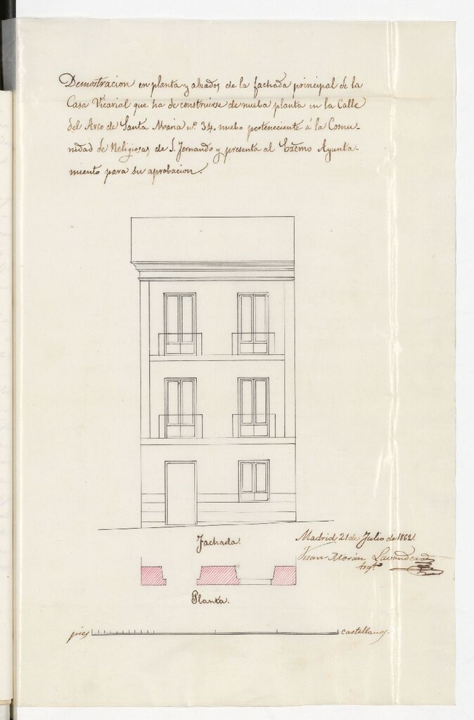 Miniatura de D. Julián Vivanco, a nombre de la Comendadora y Comunidad de Religiosas Mercenarias de S. Fernando, en solicitud de licencia para construir de nueva planta, la casa calle del Arco de santa María nº 34, de la manzana 307.