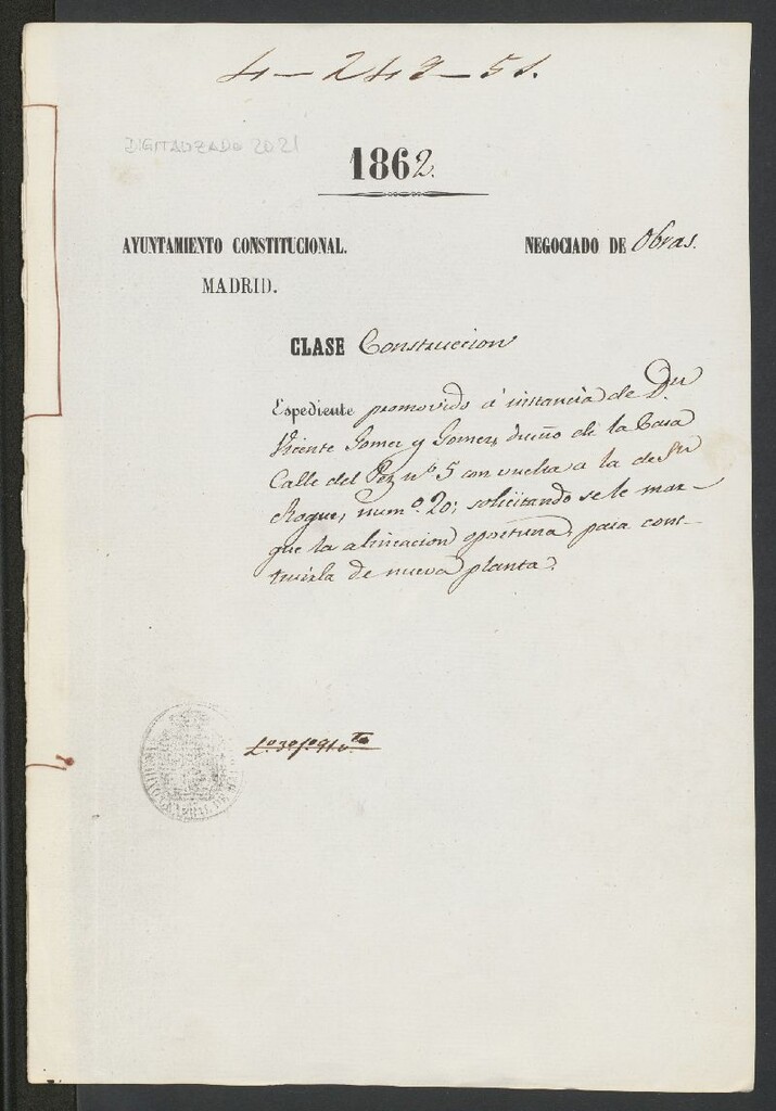 Miniatura de D. Vicente Gómez y Gómez, dueño de la casa calle del Pez nº 5, con vuelta a la del Sr. Roque, nº 20, solicitando se le marque la alineación oportuna, para construirla de nueva planta.