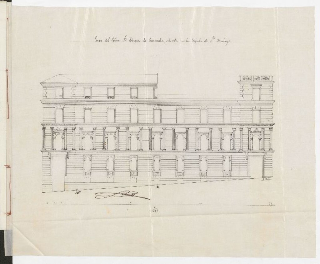 Miniatura de Sr. Conde del Real, como padre y legal Administrador de los bienes del Excmo. Sr. duque de Granada de Ega, solicitando licencia para unir por medio del piso 4º de la casa Cuesta de Sto. Domingo nº 5, manzana 405, los dos pabellones que existen en la actualidad y se construyeron en el año 1852.