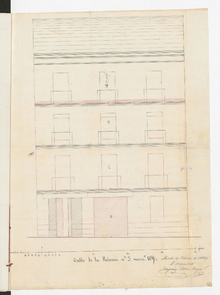 Miniatura de D. Inocente Pérez, dueño de la casa calle de la Paloma 3, para proceder a su reedificación, completando las alturas de fachada.
