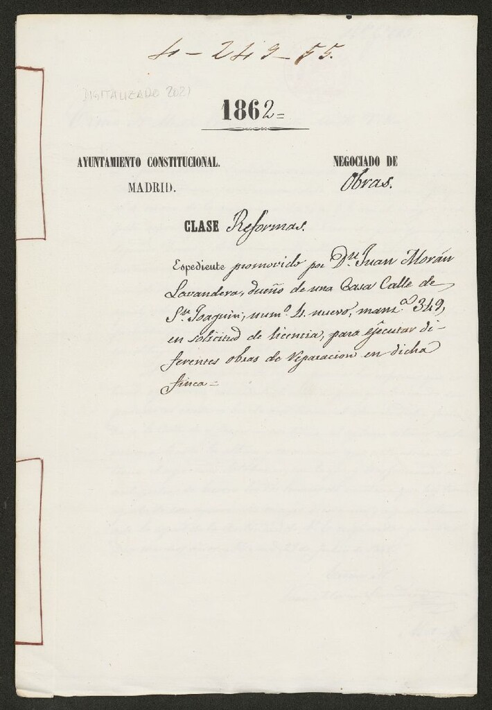 Miniatura de D. Juan Morán Lavandera, dueño de una casa calle de S. Joaquín, nº 4 nuevo,manzana 349, en solicitud de licencia, para ejecutar diferentes obras de reparación en dicha finca.