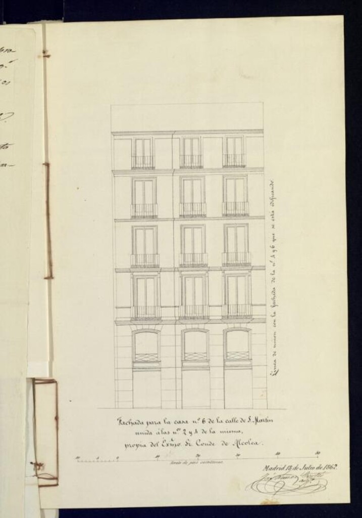 Miniatura de Sr. Conde de Alcolea, para reedificar la casa nº 6 de la calle de S. Martín y agregarla a los nºs 2 y 4 que tiene en construcción en esta calle con vuelta a la del Arenal  nº 22, permitiéndole la continuación de los pisos acordes para estar.