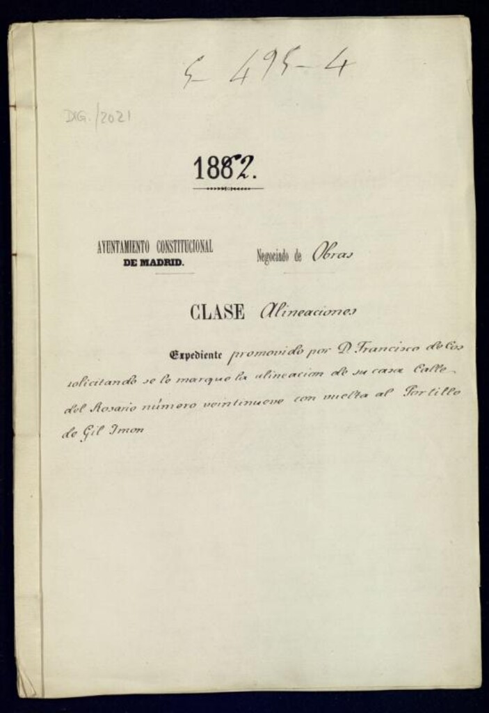 Miniatura de D. Francisco de Cos, solicitando se le marque la alineación de su casa, calle del rosario número 29 con vuelta al Portillo de Gilimón.