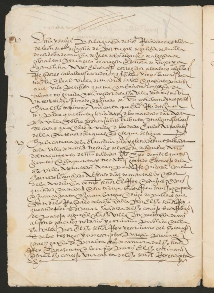 Miniatura de Provisión del Consejo de Isabel la Católica,  confirmando la de Juan II, dirigida a Alonso Díaz de Montalvo, en la que se dispone que el suelo y los solares concedidos a particulares en el arrabal de Madrid, así como las casas edificadas en ellos, se carguen con los censos correspondientes, como bienes propios de Madrid. Incluye la lista de las casas y solares afectadas por el pago.