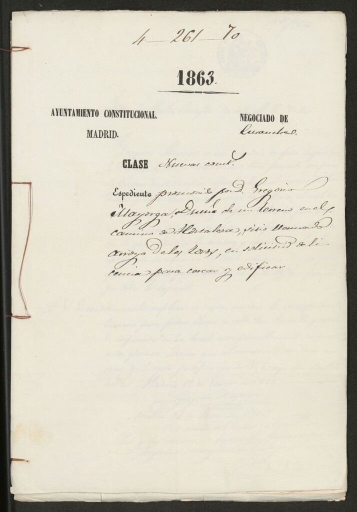 Miniatura de D. Gregorio Mayorga, dueño de un terreno en el camino de Hortaleza, sitio llamado Arroyo de los Toros, en solicitud de licencia para cercar y edificar.