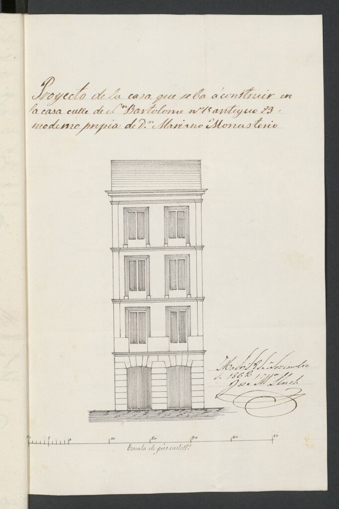 Miniatura de D. Mariano Monasterio, para construir de nueva planta la fachada de su casa nº 23, de la calle de S. Bartolomé, manzana 310, levantando dos pisos más sobre los que hoy tiene.