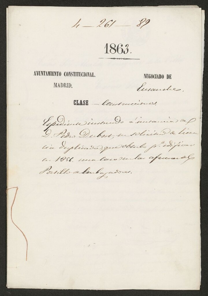Miniatura de D. Pedro Dubort, en solicitud de licencia duplicada, que obtuvo para edificar en 1856, una casa en las afueras del Portillo de Embajadores.