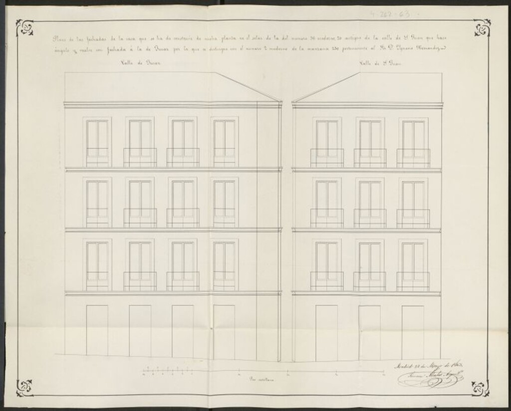 Miniatura de D. Ignacio Hernández, para construir de nueva fachada la casa de su propiedad, sita en la calle de s. Juan nº 36 moderno, con vuelta a la del Fucar nº 2, manzana 250.