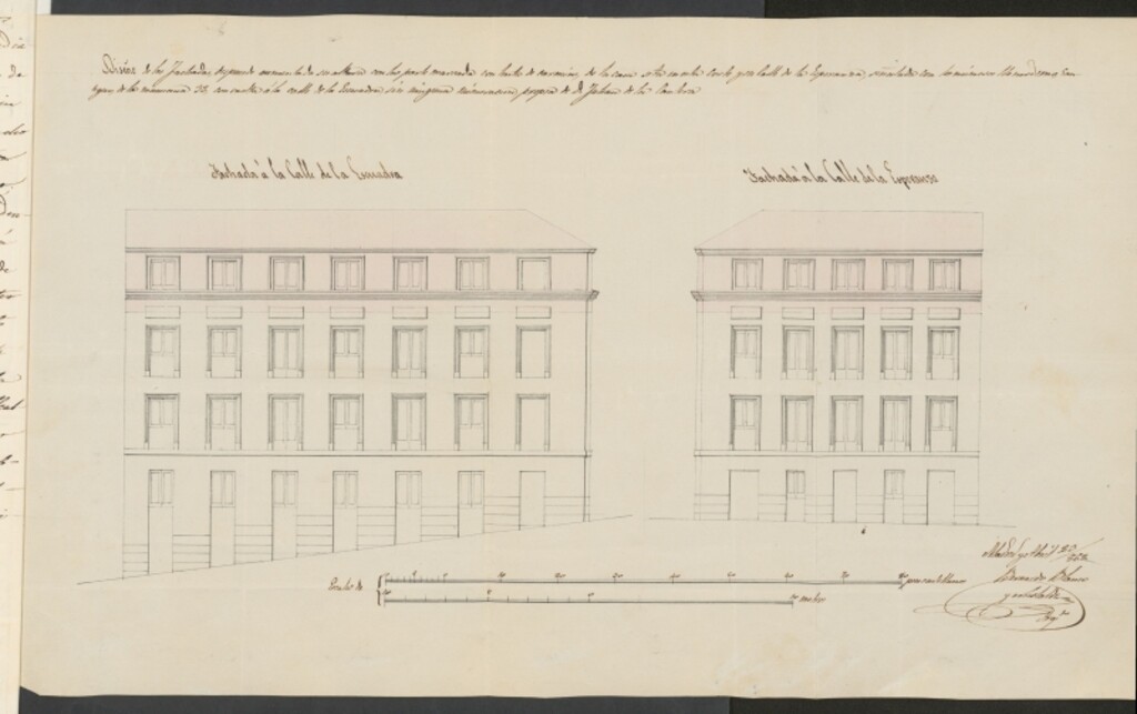 Miniatura de D. Julián de la Canteras, en solicitud de licencia para levantar un piso sotabanco en la casa calle de la Esperanza nº 14, con vuelta a la de la Escuadra, s/n, manzana 32.