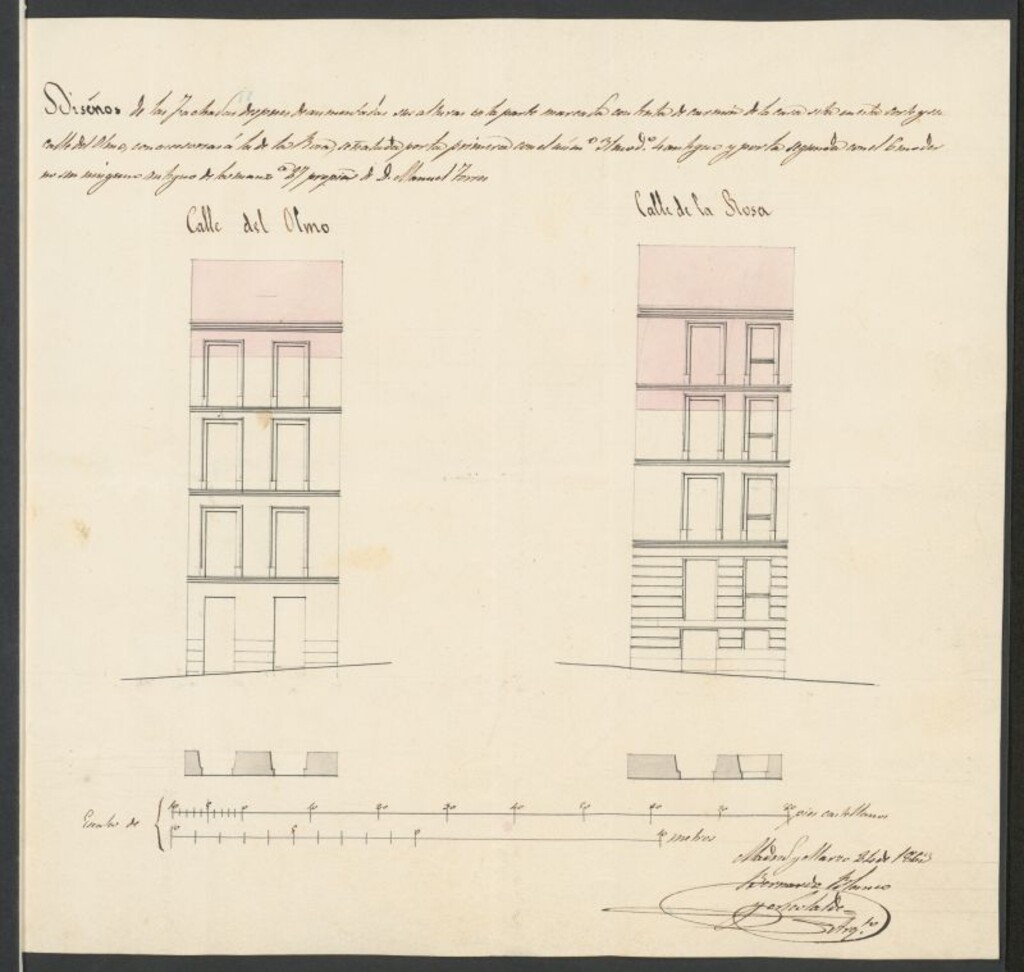 Miniatura de D. Manuel Torres, dueño de la casa calle del Olmo nº 31, con accesorias a la de la Rosa nº 6, manzana 27, para ejecutar varias obras, y entre ellas, la de levantar un poco la altura de la planta 2ª por dicha calle de la Rosa, y construir sobre esta una 3ª modificando algunos huecos de ventanas.