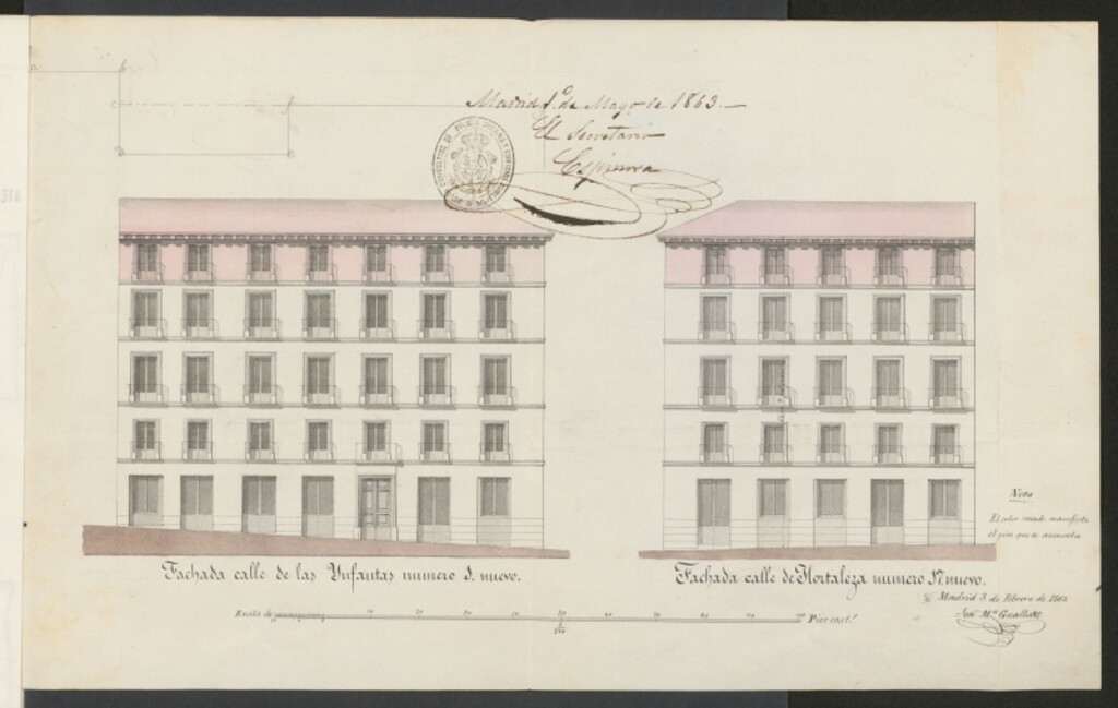 Miniatura de D. José Finat, en solicitud de licencia para levantar un piso 3º en su casa calle de las Infantas, nº 1, con vuelta a la de de Hortaleza nº 17, permitiéndole la supresión del banqueo.