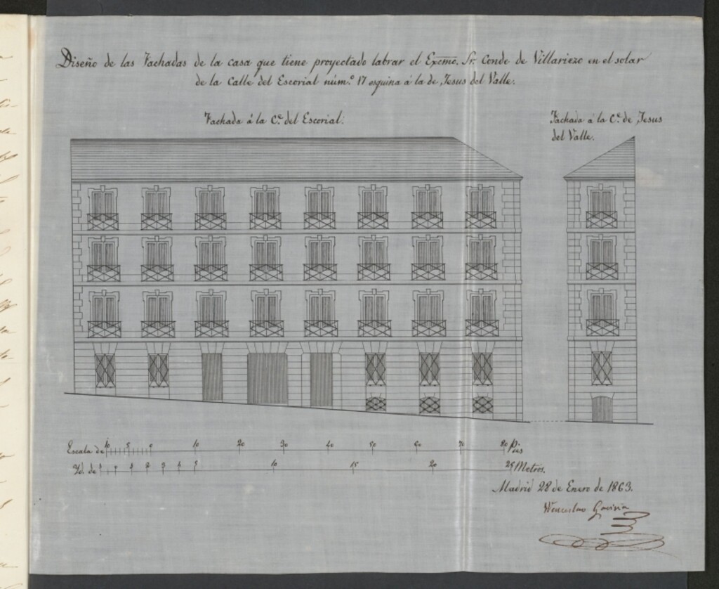 Miniatura de Excmo. Sr. Conde de Villariezo, para construir de nueva planta la casa de su propiedad, sita en la calle del Escorial nº 17, con vuelta a la de Jesús del Valle, nº 20, manzana 462.