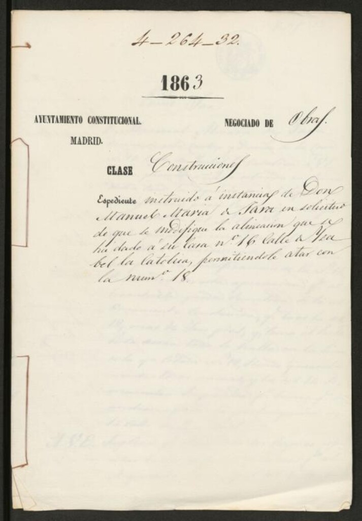 Miniatura de D. Manuel María de Jara, en solicitud de que se modifique la alineación que se ha dado a su casa nº 16, calle de Isabel la Católica, permitiéndole atar con la nº 18.