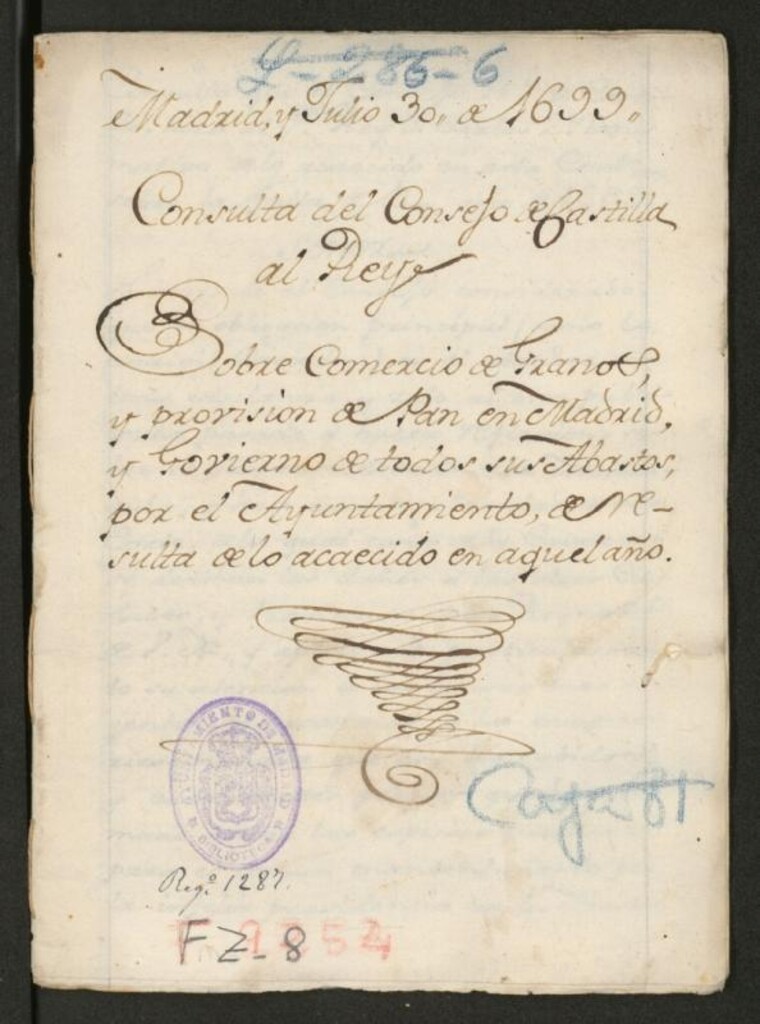 Miniatura de Consulta que el Consejo Real de Castilla, hizo al Señor Rey Don Carlos II con motivo de lo acaecido en esta Corte sobre la falta de pan