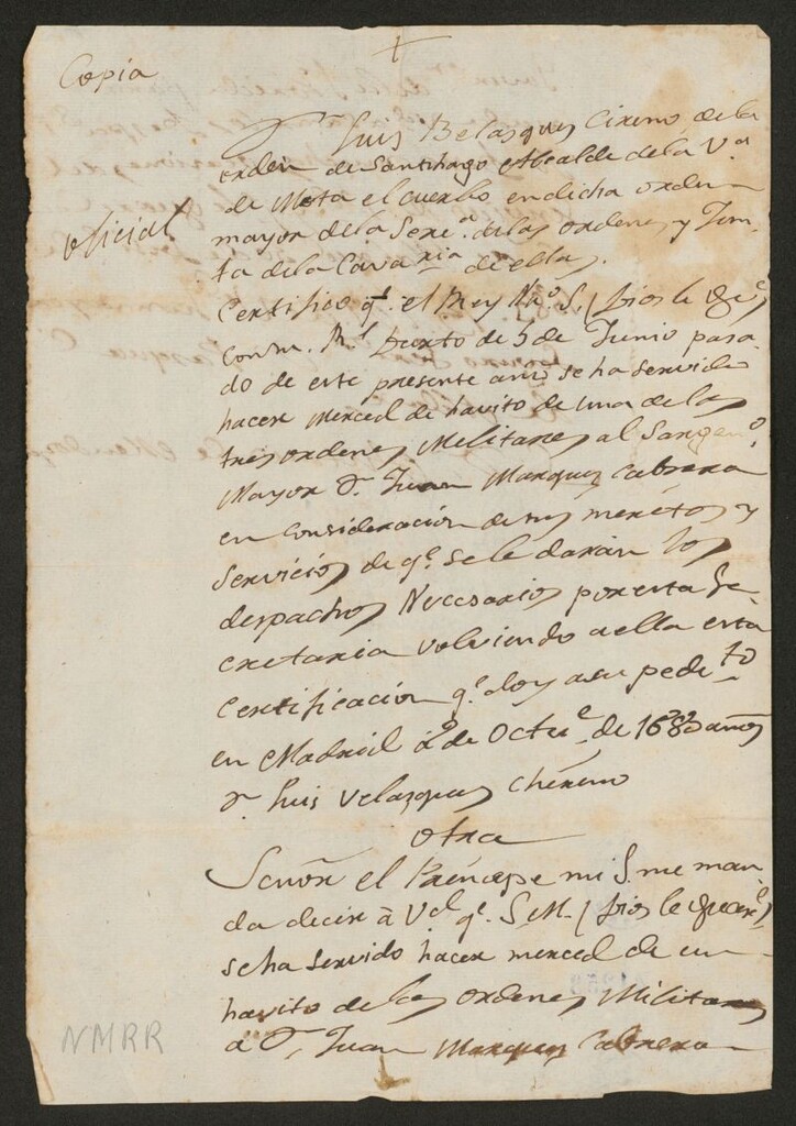 Miniatura de [Certificado de Luis Belasques (i.e.: Velázquez) Cireno (?) alcalde de Mota del Cuervo para dar al Sargento Mayor y Gobernador de La Florida, Juan Márquez Cabrera, el hábito de una de las tres ordenes militares en consideración a sus méritos y servicios]
