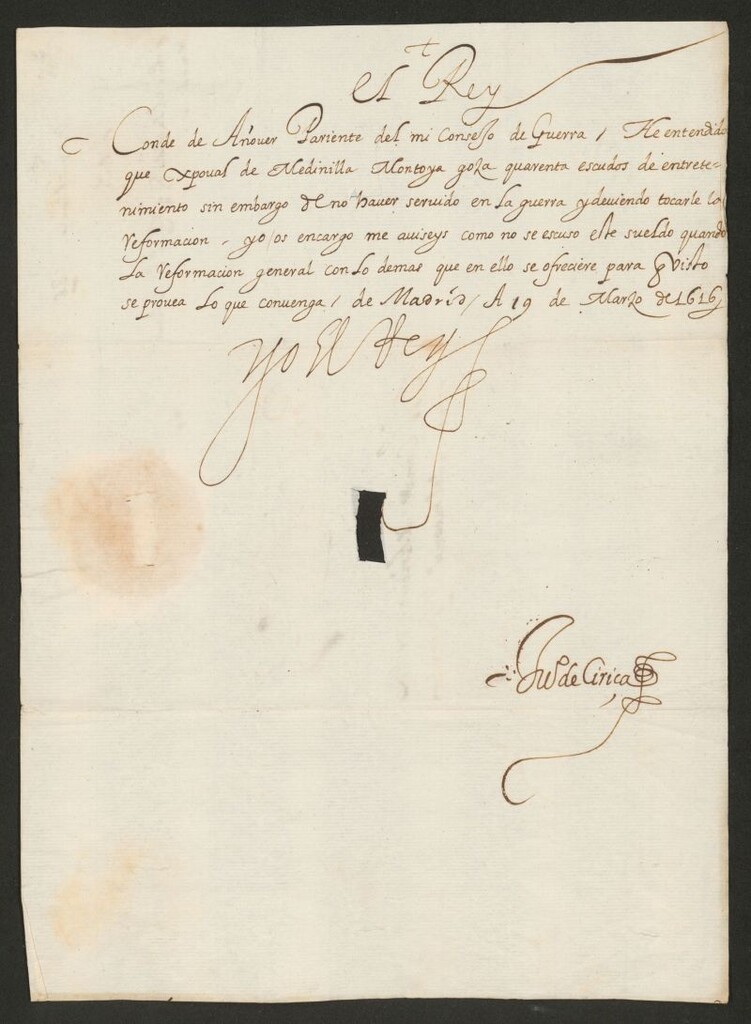 Miniatura de [Real cédula de Felipe III al Conde de Añover ordenando que informe sobre las causas de no haber entrado en la reformación de sueldos el que disfruta Cristóbal de Medinilla Montoya, cuando debe ser incluido por no haber servido en la guerra]