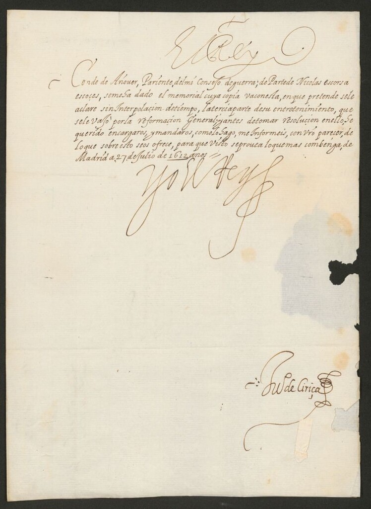 Miniatura de [Real cédula de Felipe III al Conde de Añover sobre la petición de Nicolás Escorsa, escocés, que solicita no se incluya su sueldo en la reformación de sueldos del ejército]