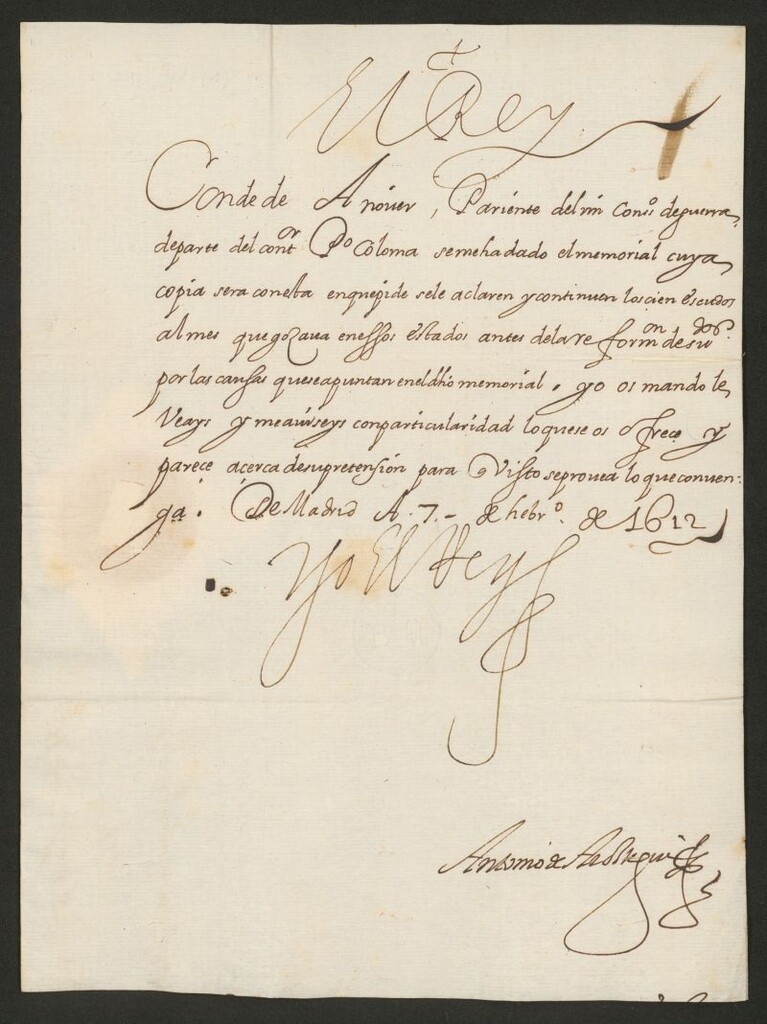 Miniatura de [Real cédula de Felipe III al Conde de Añover sobre la petición del contador Pedro de Coloma, que solicita no se incluyan sus emolumentos en la reformación de sueldos