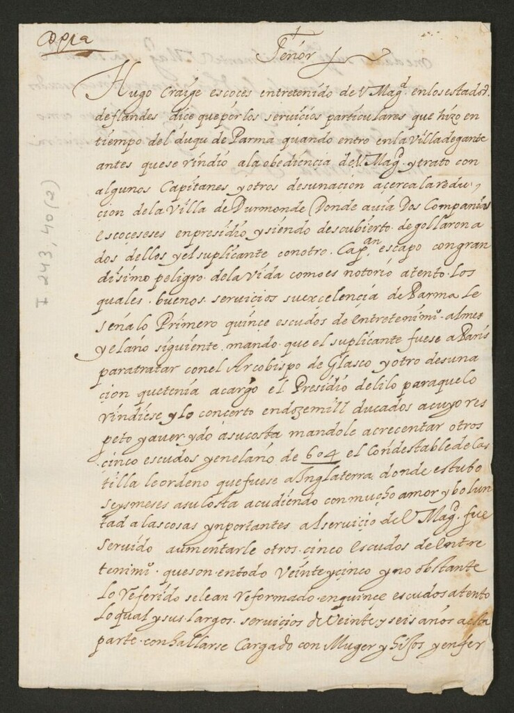 Miniatura de [Real cédula de Felipe III al Conde de Añover sobre la petición de Hugo Craige, escoces, que solicita no se incluya su sueldo en la reformación del ejército]
