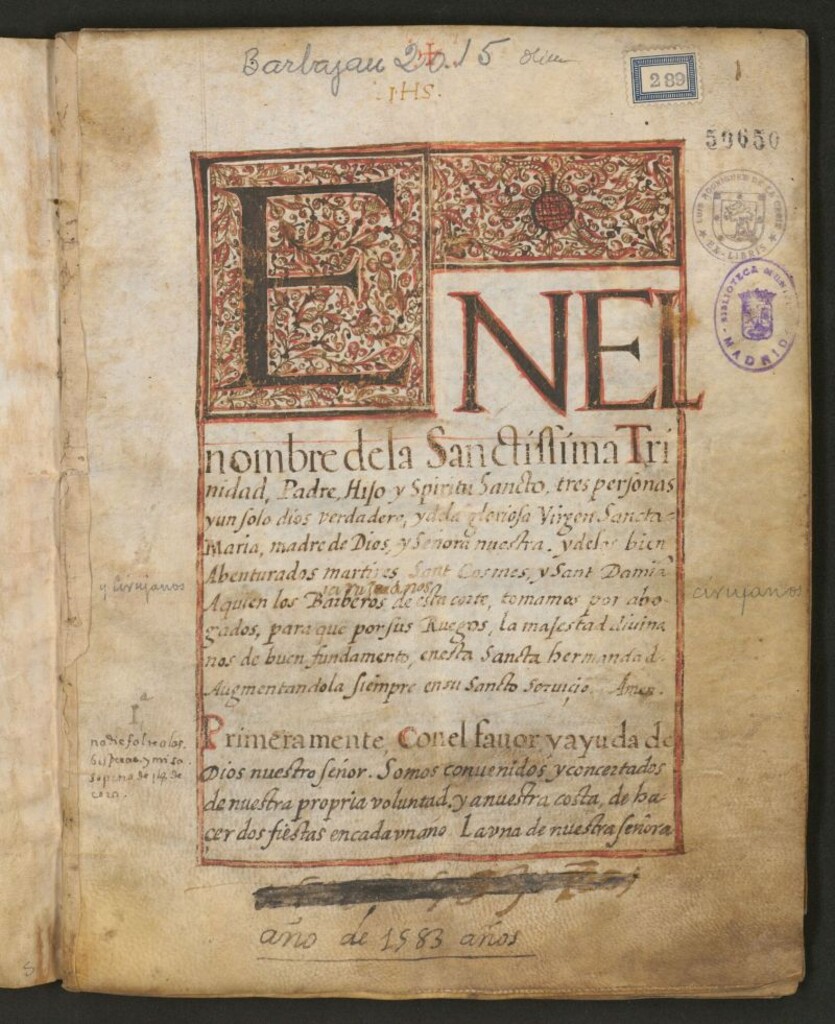 Miniatura de Ordenanças de la Hermandad y Congregacion de Señor S. Cosme y S. Damian desta Villa de Madrid
