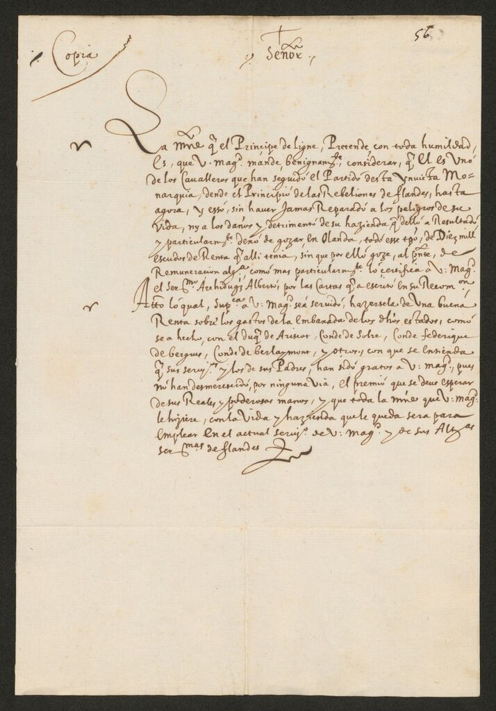 Miniatura de [Copia del memorial que el Príncipe de Ligne envía a Felipe III pidiéndole que se le compense con una renta por las pérdidas sufridas como consecuencia de las rebeliones de Flandes y en defensa de la Corona]