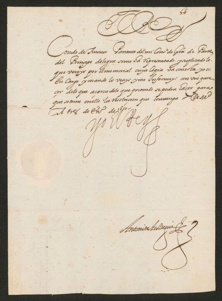 Miniatura de [Real cédula de Felipe III dirigida al Conde de Añover pidiéndole que le informe sobre los extremos que se contienen en un memorial que le había presentado el Príncipe de Ligne, cuya copia le remite adjunta [Manuscrito]