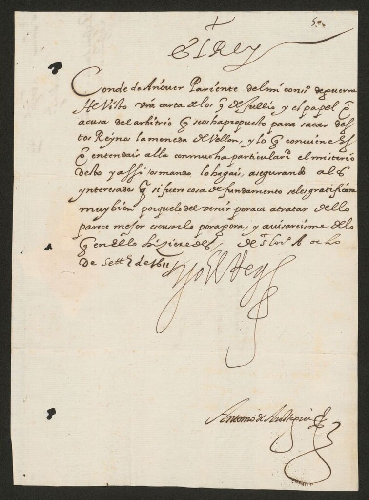 Miniatura de [Real cédula de Felipe III al Conde de Añover acusando recibo de la suya de 9 de julio y respondiendo a lo propuesto sobre sacar de España la moneda de vellón]