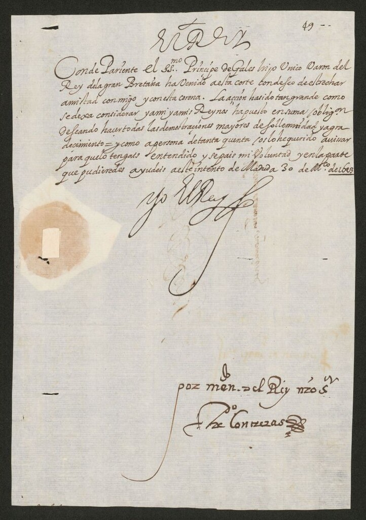 Miniatura de [Carta del Rey al Conde de Añover anunciándole la llegada del Príncipe de Gales y su deseo de agradecérselo con las mayores demostraciones de solemnidad]