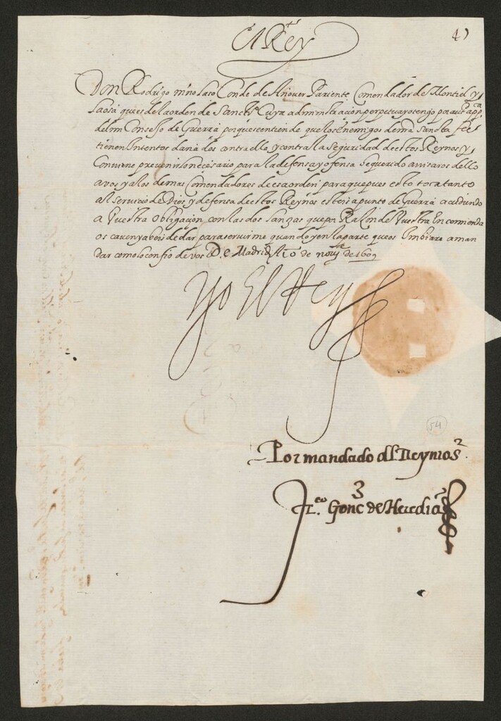 Miniatura de [Carta de llamamiento al Conde de Añover para que tenga dispuestas las lanzas que le corresponde aportar para la guerra por razón de su encomienda]