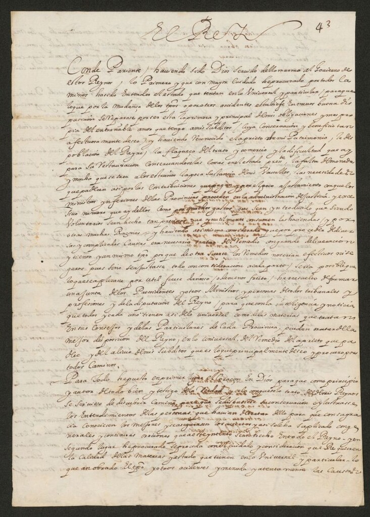 Miniatura de [Real cédula de Felipe IV dirigida al Conde de Añover comunicándole que ha resuelto formar una Junta de notables para que proponga medidas en orden a aligerar las cargas de sus súbditos, y pidiéndole que haga las propuestas que crea necesarias en este sentido]