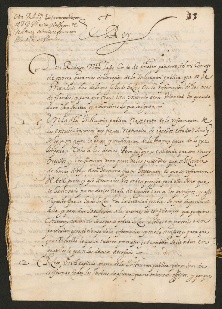 Miniatura de Instruction secreta al Conde de Añober para lo de la reformaçion de Flandes