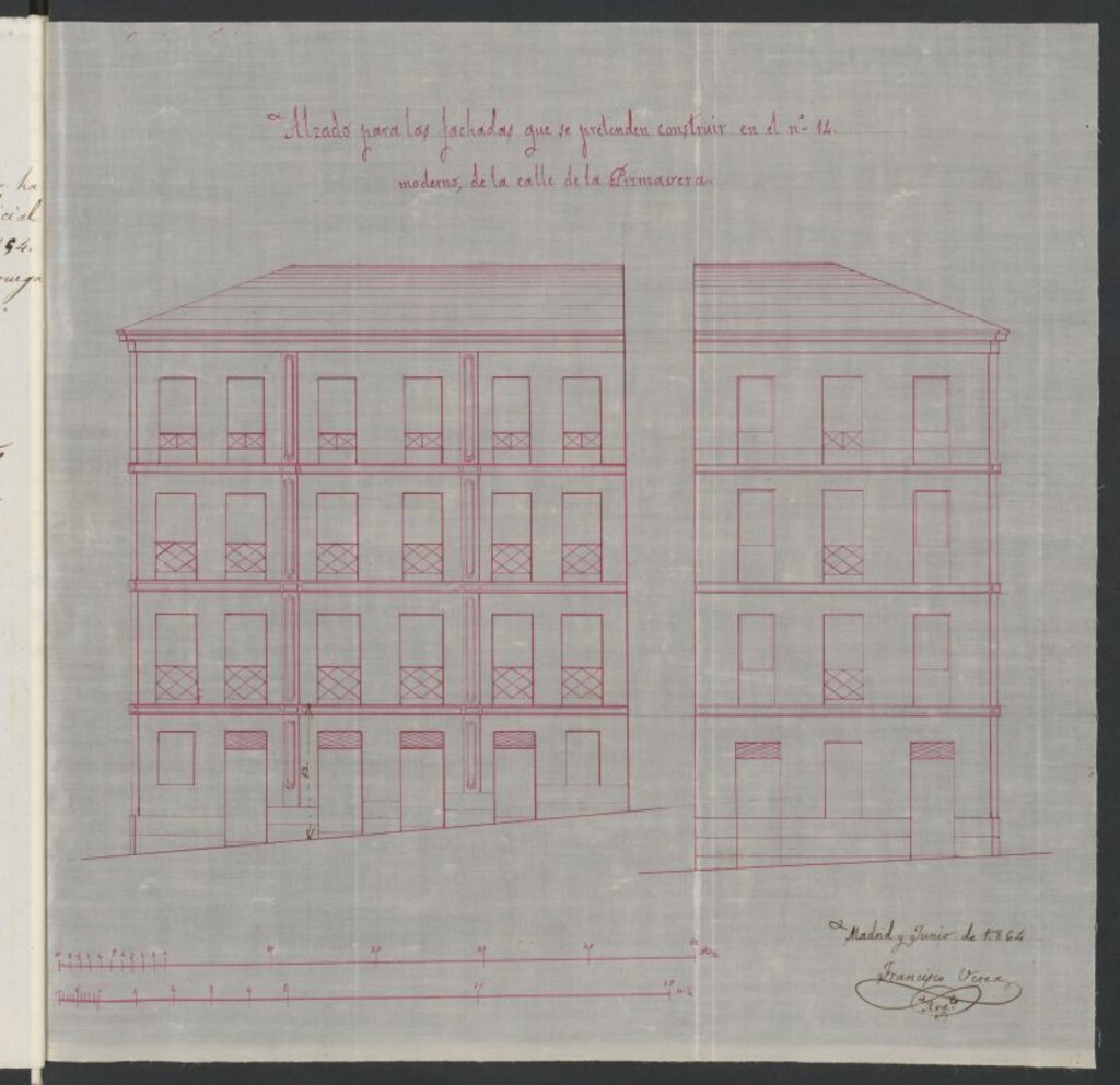 Miniatura de D. Juan Escalona, dueño de la casa nº 14 de la calle Primavera, para levantar dos pisos sobre el bajo que actualmente tiene, y también para construir el piso bajo y tercero, respetando la altura que actualmente tiene el bajo.