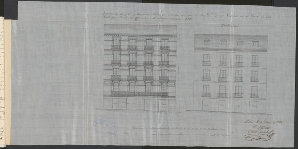 Miniatura de D. Diego Velasco, en solicitud de licencia para levantar un 3er piso e la casa nº 27 de la calle de Alcalá, manzana 289.