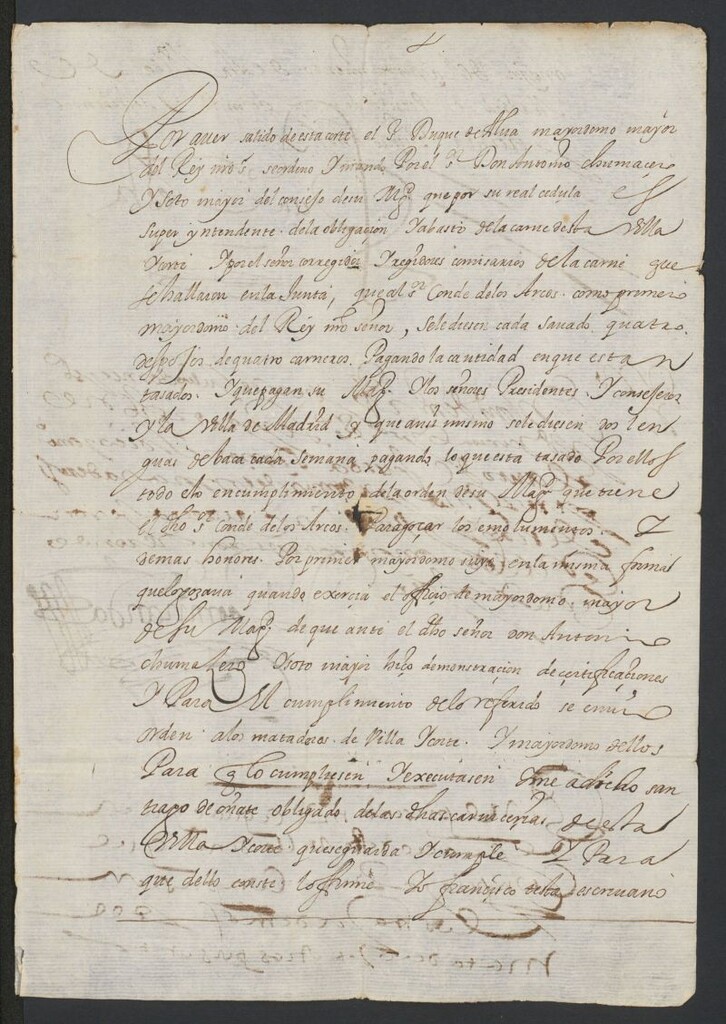 Miniatura de [Testimonio de Francisco Testa, escribano mayor del Ayuntamiento de Madrid, haciendo constar que Antonio Chumacero y Sotomayor, superintendente de la obligación y abasto de la carne de esta villa, y el corregidor y regidores de la misma, mandaron que al conde de Arcos, como primer mayordomo de Su Magestad, se le diesen cada sábado cuatro despojos de carnero, y dos lenguas de vaca cada semana, habiéndose emitido orden a los mataderos de la villa para que lo hagan efectivo]