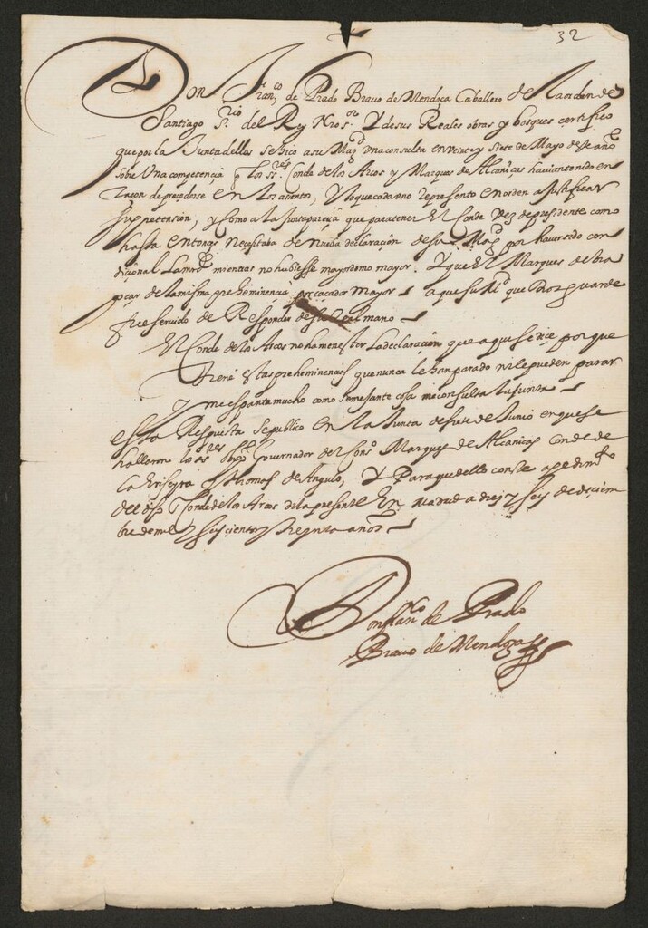Miniatura de [Certificación de Francisco de Prado Bravo de Mendoza, secretario de la Junta de Obras y Bosques, haciendo constar que la Junta hizo una consulta al Rey en 27 de mayo de 1630 sobre la precedencia en la misma del conde de Arcos o el marqués de Alcañices, respondiendo aquél que la precedencia correspondía al conde de Arcos]