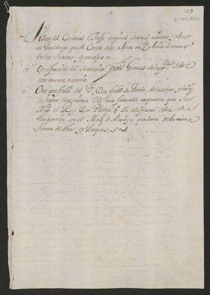 Miniatura de [Oficio del Cardenal de Trejo, Presidente del Consejo de Castilla, dirigido al Conde de los Arcos, sobre el asiento que, según resolución del Rey, debía tener éste en las juntas y consejos]